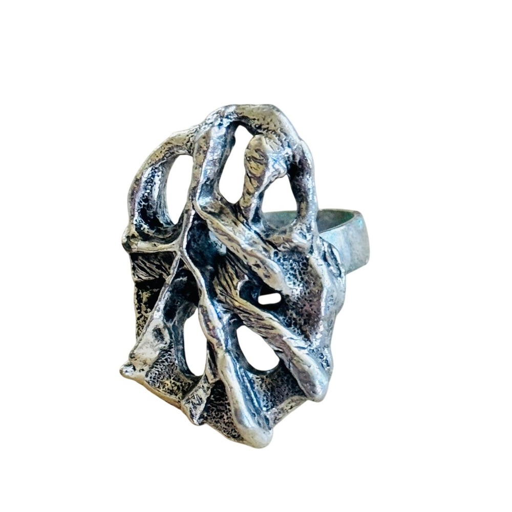 Uncas Brutalist Sculptural Silver Cocktail Ring Statement Adjustable MCM 70s VTG